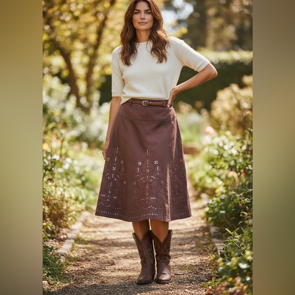 Fieldgear Dresses & Skirts - BOUTIQUE Embroidered Sequin A-Line Linen/Cotton Western Summer Casual Midi Skirt